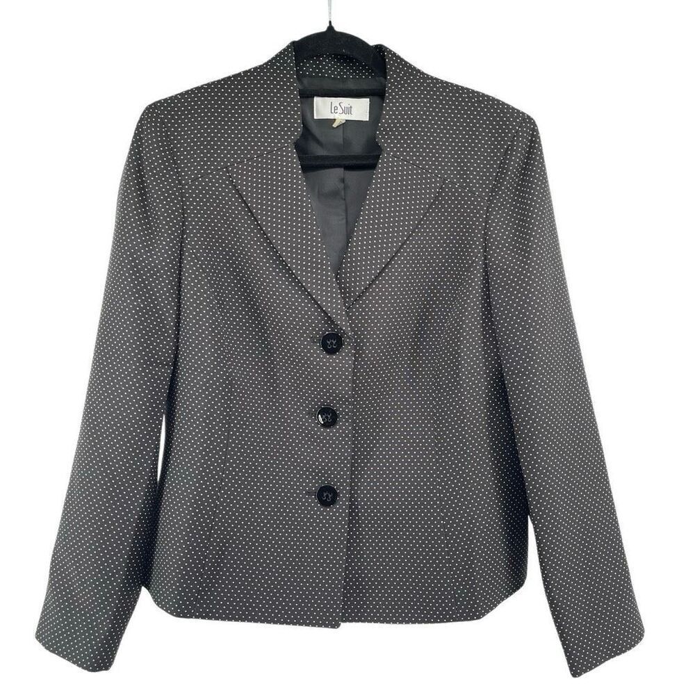 Le Suit Women’s Black Polka Dot Blazer Size 12 Three-Button Stand Collar Lapel